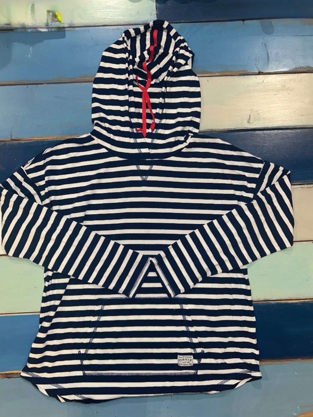 Orvis Perfect Tee Navy White Striped Hooded Pullover Women’s Large
